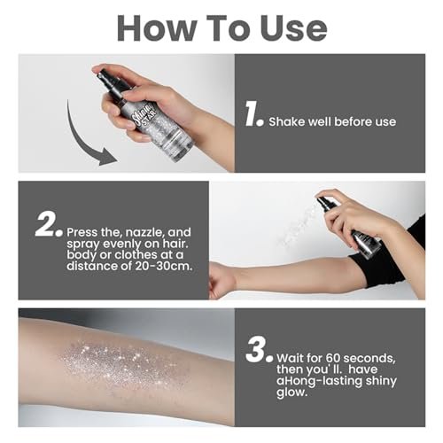MAEPEOR Body Glitter Spray - Long Lasting Shiny Highlighter Powder, Quick-Drying Shimmer Spray for Face, Body, Hair & Clothes (100ml, Silver) - görsel 14