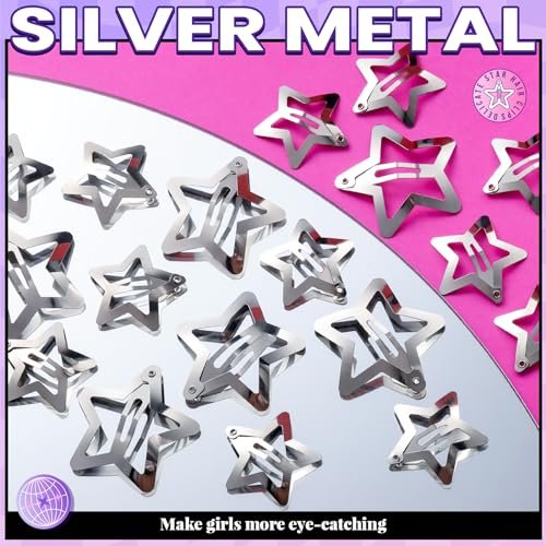 YGDZ Star Hair Clips and Barrettes Set - 20 pcs 1.22" Y2K Hair Accessories, 10 pcs 1.61" Silver Clips for Girls Women, Rave Accessories, Non-Slip Metal Snap Hair Clips - görsel 14