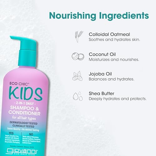 Eco Chic KIDs 2 In 1 Shampoo & Conditioner - Kids 2-in-1, For All Hair Types, Salon Quality, Lightweight & Hydrating, Gentle Formula, Vegan - 16.5 Fl Oz (Pack of 2) Avelisse