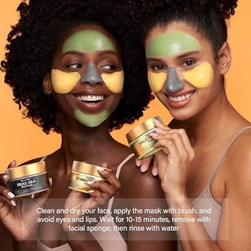 Vitamin C Turmeric Face Mask & Dead Sea Mud Mask Set with Salicylic Acid - Pore Cleansing, Brightening, Blackheads & Dark Spots - 3 Pack, 2.82 oz Each Avelisse