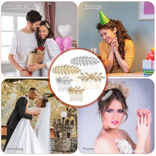 Gold & Silver Rhinestone Leaf Hair Combs - Set of 5 Metal Wedding Hair Clips for Women - görsel 14