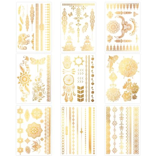Konsait 9 Sheets Metallic Tattoos - Elaborate Floral Elephant Patterns Gold Temporary Tattoos for Women & Girls, Festival & Party Accessories - görsel 14