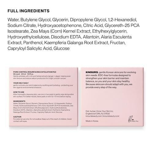 Knours Pore Control Exfoliating Korean Toner Pads | LHA for Sensitive Skin | Refine Textured Skin and Blemishes, Control Sebum, Tighten Pores | 90 Count Avelisse