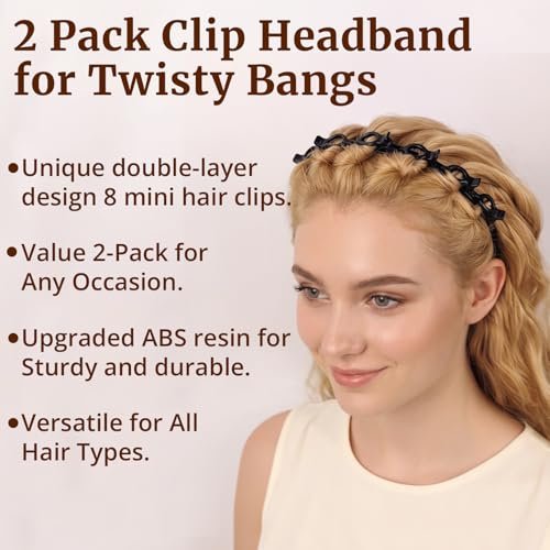 HFZRZFH 2 Pack Clip Headband for Twisty Bangs - 90s Hair Accessories for Women with 8 Mini Clips, Braided Hair Clip Headbands for Y2K Fashion Styling (Black and Brown) - görsel 18