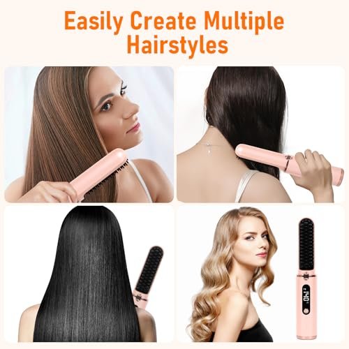 Cordless Hair Straightener Brush - Portable Hot Comb with Negative Ions, USB Rechargeable, Anti-Scald & Auto-Off, 6 Temperature Settings for Women (Pink) - görsel 14