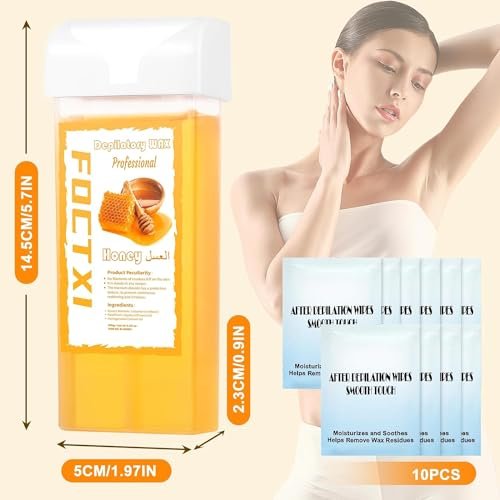 FOCTXI Wax Roller Kit - Roll On Wax for Hair Removal with 4 Honey Wax Cartridges & 10 Cleaning Oil Wipes Avelisse