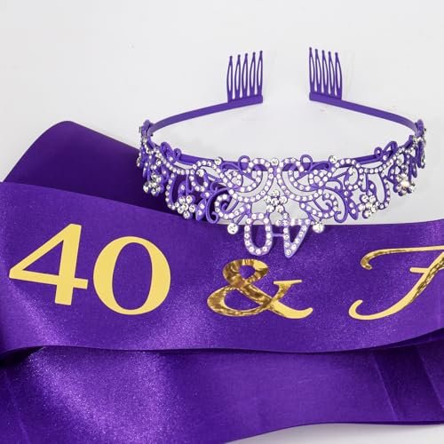 Ondder Purple 40th Birthday Tiara and Sash for Women - 40 & Fabulous Crown Set - Fashion Headband - Costume Circlet (2 Count) - görsel 14