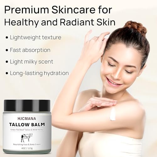 HJCMANA Beef Tallow for Skin 4 OZ - Natural Unscented Tallow and Honey Balm, Grass Fed Beef Tallow for Face and All Skin Types Avelisse