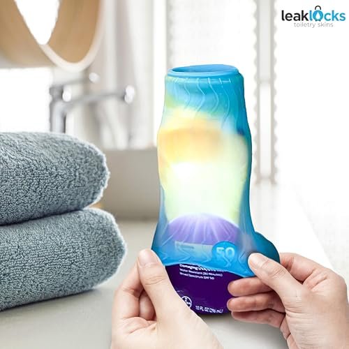LeakLocks Toiletry Skins 4-Pack with Travel Bag – Elastic Leak-Proof Sleeves for Travel Bottles, Fits Standard & Travel-Sized Toiletries, Reusable Luggage Accessory Avelisse