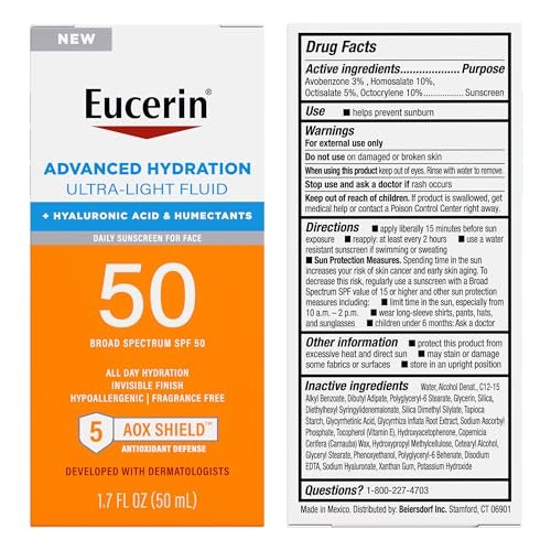 Eucerin Sun Advanced Hydration Ultra-Lightweight Face Sunscreen SPF 50 with Hyaluronic Acid & Humectants, Hydrating Sunscreen for Face, Non Comedogenic and Hypoallergenic, 1.7 Fl Oz Bottle - görsel 18