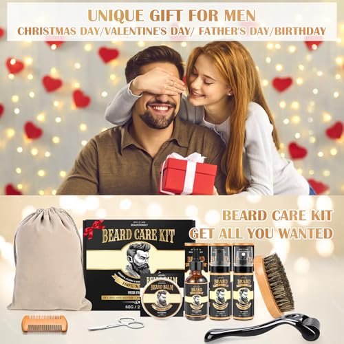 Beard Growth Kit – Complete Grooming Set with Growth Oil, Conditioner, Balm, Shampoo, Derma Roller, Brush, Comb, Scissors & Travel Bag – Christmas Gift for Him Avelisse