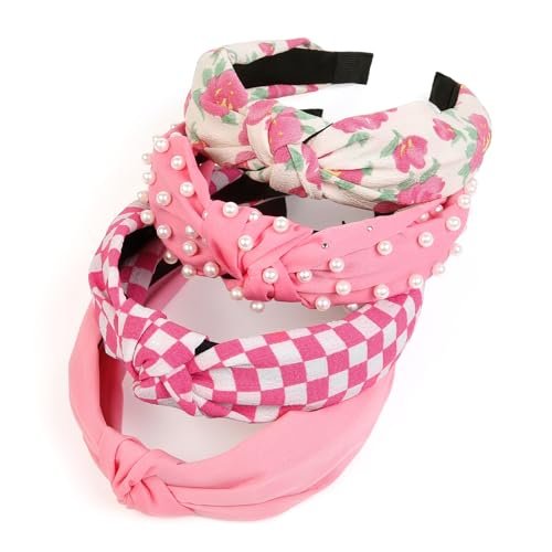 Huachi Hot Pink Headbands for Women Girls – 4 Pack Cute Flower Printed Knotted Head Bands, Non Slip Wide Top Knot Hairbands, Trendy Hair Accessories Avelisse