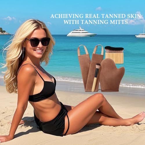4 in 1 Luxury Velvet Tanning Mitt Set - Self Tanner Applicator with Brush & Back Applicator for Streak-Free Glow Avelisse