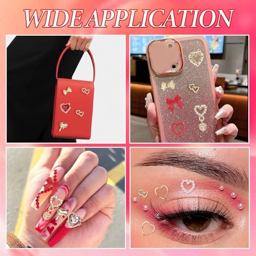 3D Gold Heart Nail Charms & Gems - Gold Bow Alloy Dangle, Red Heart Rhinestones, Y2K Nail Jewelry Pearls for Nail Art - görsel 14