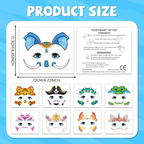 EMOME 24 Sheets Face Tattoos for Kids - Party Pack, Temporary Face Paint Makeup Stickers for Boys and Girls Birthday Party Supplies, Carnival Favors - görsel 12