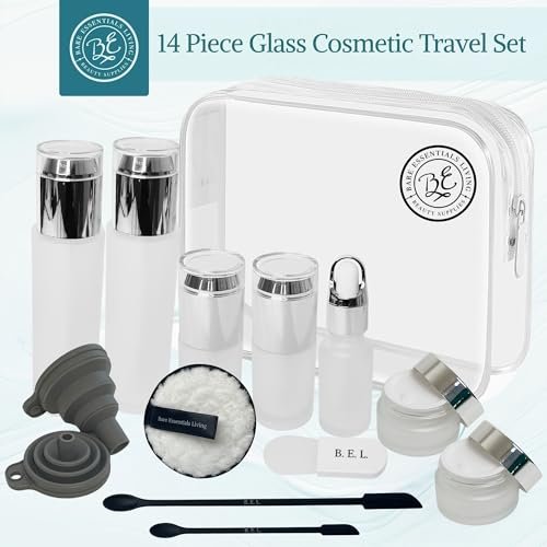 14-Piece Travel Skincare Containers Set with TSA-Approved Toiletry Bag & Glass Bottles – Leakproof Pump, Spray & Dropper Bottles for Serum, Moisturizer, Oil & Cream (Silver, 3.4 oz) Avelisse