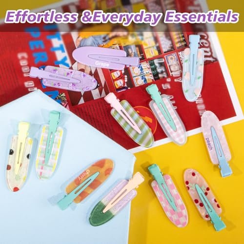 Magicsky 12PCS No Bend Hair Clips - Hawaiian Acrylic Flat Styling No Crease Pins, Bang Seamless Duckbill Barrettes for Women and Girls, Colorful Fruit Design Avelisse