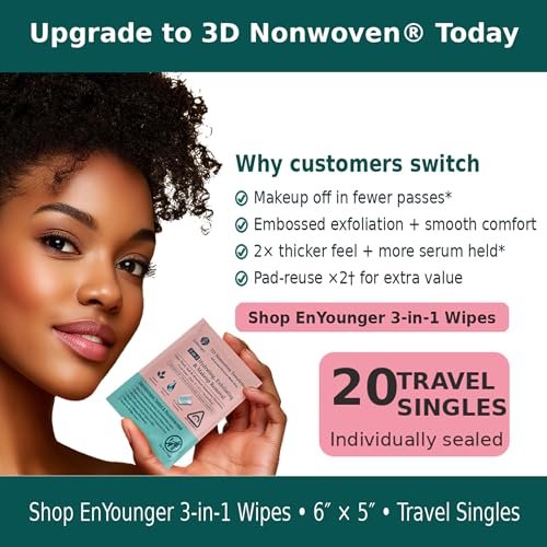 EnYounger 3-in-1 Makeup Remover Wipes 20ct Individually Wrapped for Travel – Ultra-Thick 3D Nonwoven for Instant Waterproof Makeup Removal, Cleansing & Hydration, Alcohol-Free Hypoallergenic, Scented Avelisse