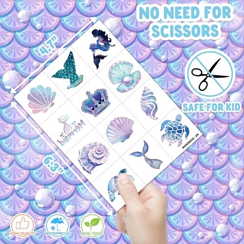 48-Piece Mermaid Party Favors: Temporary Tattoos & Sticky Hands for Kids Birthday Party Supplies, Goodie Bag Stuffers, Classroom Prizes - görsel 18