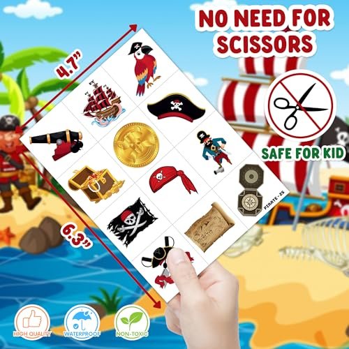 48PCS Pirate Party Favors for Kids - 24 Temporary Tattoos & 24 Stick Hands - Perfect Birthday Favors, Goodie Bag Stuffers, Treasure Box Toys, Classroom Prizes, and Student Gifts - görsel 18