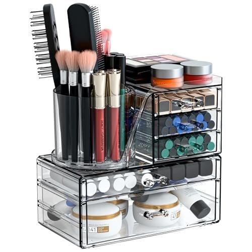 Clear Acrylic Makeup Organizer for Vanity - 3 Pack Countertop Drawer & Brush Holder, Plastic Skincare Storage for Hair Accessories, Beauty Products, Bathroom, Dresser Avelisse