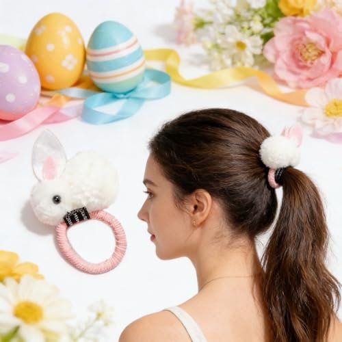 Easter Day Hair Scrunchies - Pink Rabbit Themed Hair Ties, Cute Stuffed Rabbit Style Hair Bands, Plush Ponytail Holders for Women and Girls - görsel 12