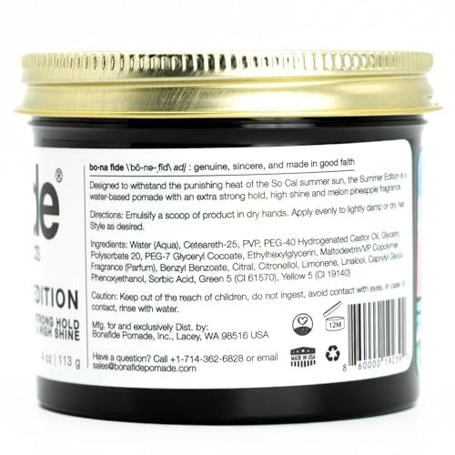 Bona Fide Pomade Summer Edition - Extra-Strong Hold, High Shine, Water-Based, Pineapple Melon Scent, 4 oz Avelisse