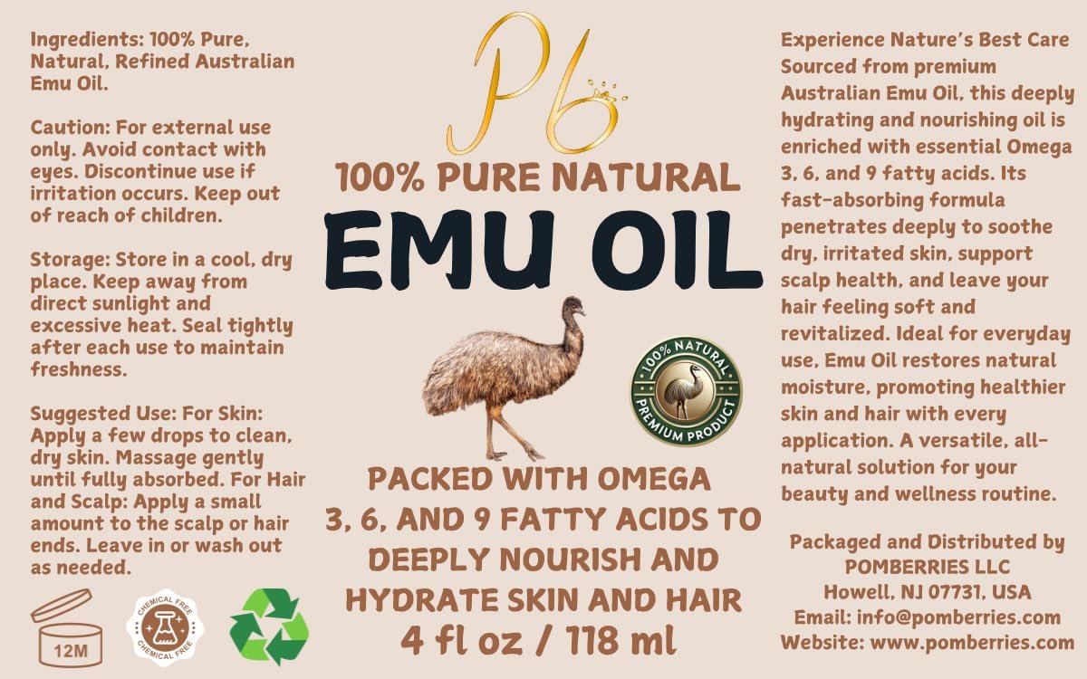 Pomberries 100% Pure Australian Emu Oil – Refined & Unscented Natural Moisturizer for Hair, Skin, Face & Body – Helps with Scars, Dry Skin & Massage – 4 fl oz Glass Bottle - görsel 18