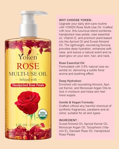 Yoken Multi-Use Organic Body Oil with Rose Petals, Vitamin E & Almond Oil - USDA Certified, 8 Fl Oz - Nourishing & Hydrating for Skin, Face, Hair & Nails Avelisse