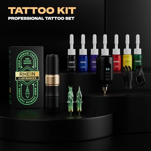 RHEIN Wireless Rotary Tattoo Gun Pen Kit - Complete Set with Battery, 20 Cartridge Needles & 7 Colors Ink for Beginners & Professionals Avelisse
