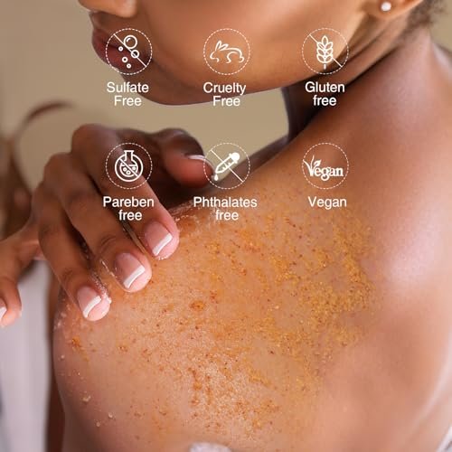 Turmeric Body Scrub with Vitamin C, Collagen & Coconut Oil – Exfoliating Body Scrub for Smooth, Hydrated Skin – Dead Skin Remover for Butt, Bikini Area – Includes Loofah – 10.58 oz Avelisse