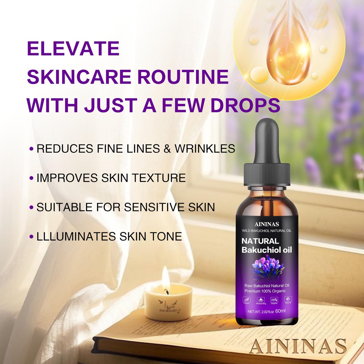 AIninas Bakuchiol Oil Organic for Face - Natural Retinol Alternative Reduces Wrinkles & Fine Lines, Sensitive Skin Safe, Mix with Moisturizer - Hydrating Facial Serum for Day & Night Use, 2 fl oz Avelisse