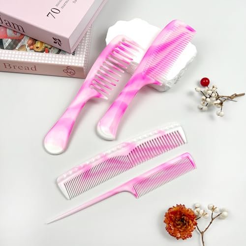4-Piece Unisex Hair Comb Set: Rat Tail, Wide & Fine Tooth, Dual-Sided Combs for Daily Detangling - Pink - görsel 14
