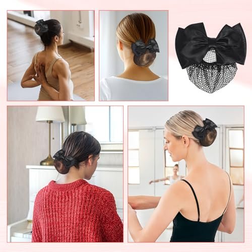 2 Pieces Hair Snood Net - Women's Bun Cover Hairnet with Satin Bow Barrette French Clips Ribbon Flower Hair Accessories for Stewardess Banks Hotels Restaurant Staff (Black) Avelisse