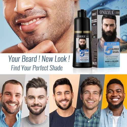 Men's Beard Dye for Men in 5 Minutes - Black Beard Dye Shampoo for Mustache 100% Gray Coverage, Root Touch Up, 3 in 1 Simpler Hair Color for Men, Long Lasting Color Shampoo for Facial Hair, 200 ml Avelisse
