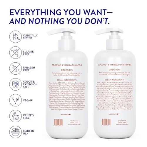 Routine Wellness Shampoo and Conditioner Set with Hair Serum for Thinning Hair - DHT Blocker for Women & Men - Color Safe Hair Loss Shampoo for Healthier Hair - Coconut & Vanilla Scent - 9.67 Fl Oz Each (3-Piece Set) Avelisse