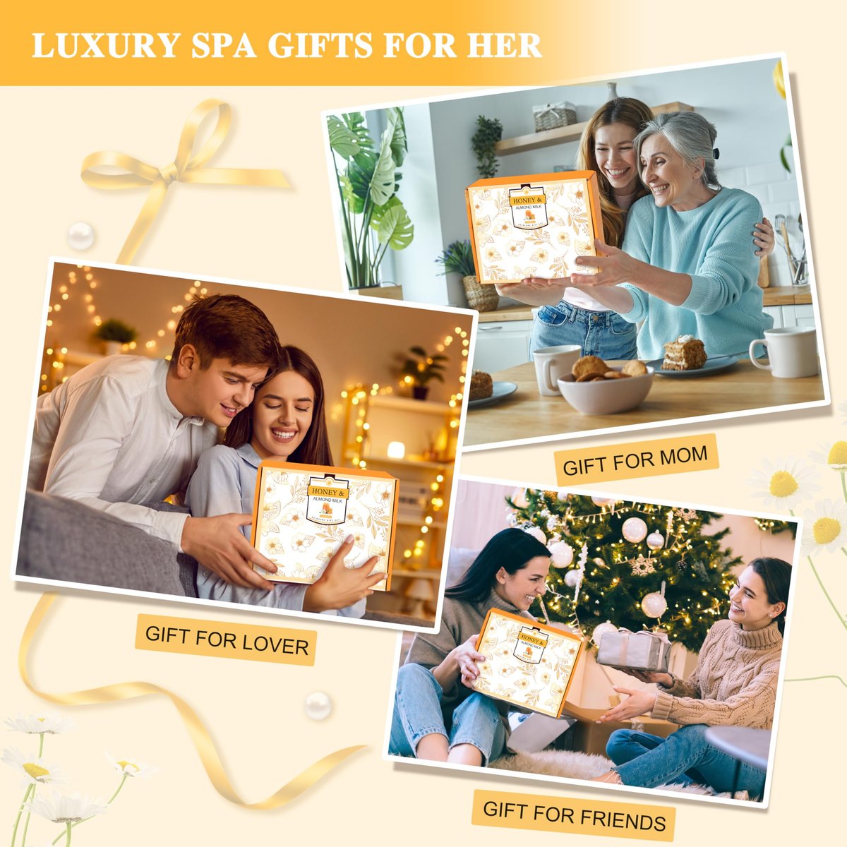 9 Piece Almond Milk & Honey Bath and Body Gifts Set - Self Care Spa Gift Basket for Women Avelisse