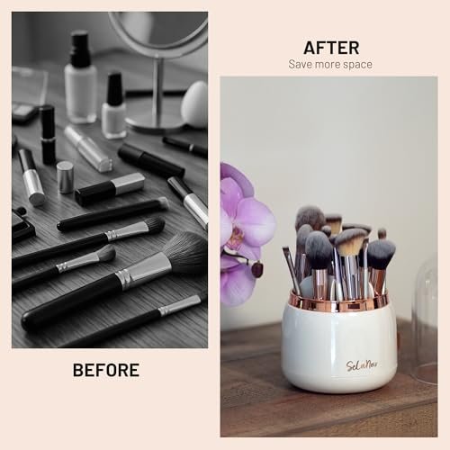 Selanoir Rotating Makeup Brush Holder with Lid – Dustproof Vanity Organizer (White), Bonus Foldable Cleaner Bowl Avelisse