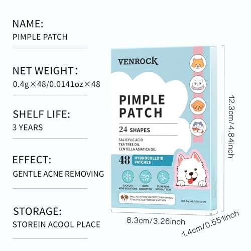 VENROCK Pimple Patches for Face – 48 Count Hydrocolloid Acne Treatment with Cute Pet Shapes, Salicylic Acid, Tea Tree Oil & Centella Asiatica – Fun Acne Spot Stickers for Kids & Adults - görsel 18