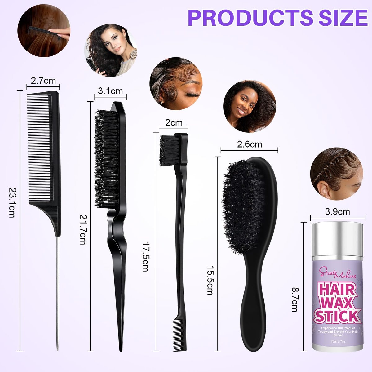 START MAKERS 5-Piece Hair Wax Stick and Brush Set for Women, Kids, Men - Edge Brush, Teasing Brush, Rat Tail Comb & Mini Boar Bristle Brushes for Flyaways, Control, Sleek Ponytail Buns - görsel 14