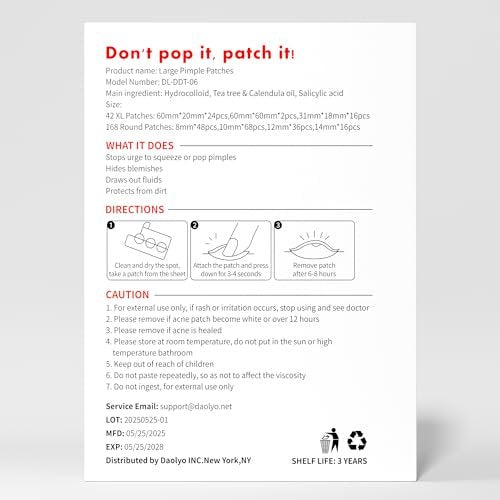 Daolyo Large Pimple Patches for Face, 7 Sizes 210 Counts XL Acne Patches, Big Hydrocolloid Bandages for Body, Chin, Forehead, Chest, Back Zit Breakouts (Strip, Square, Round) Avelisse