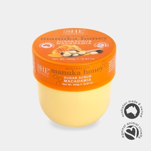 Om SHE Aromatherapy Manuka Honey Sugar Scrub with Macadamia - 15.87 oz Exfoliating Body Scrub, Natural Sugar, Micro Bead Free, Rosehip Oil, Australian Made - görsel 8