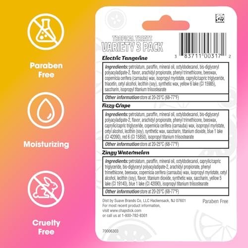 ChapStick Lip Care, Tropical Treats Collection (6 Sticks) – Electric Tangerine, Fizzy Grape & Zingy Watermelon Lip Balm, 0.15 Oz Each Avelisse