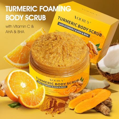 VOERUY Turmeric Body Scrub with 10% AHA/BHA & Vitamin C - Exfoliating Body Scrub for Smooth, Moisturized Skin - Body Exfoliator for Hands, Feet, Bikini Area - 11.3 oz - görsel 14