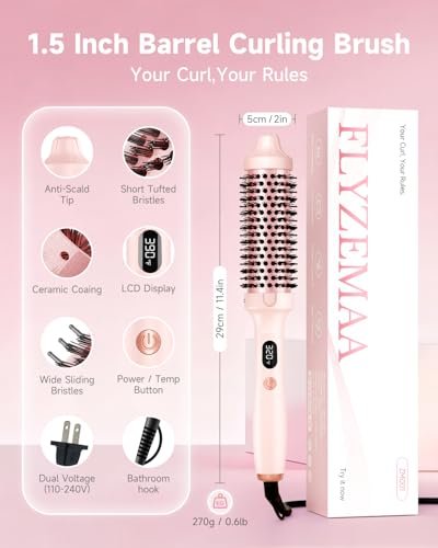 FLYZEMAA 1.5 Inch Heated Round Brush for Long Dry Hair – Thermal Brush Straightener with 3 Temp Settings, Anti-Scald Nylon Bristles, Blowout Brush for Curling & Volumizing (Pink) Avelisse