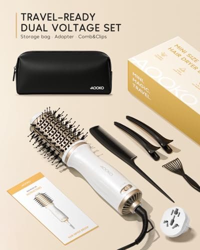 AOOKO Dual Voltage Mini Hair Dryer Brush – 4 in 1 Blow Dryer Brush for European Travel, 120-240V International Use, Ceramic Hot Air Brush, Champagne Gold Avelisse