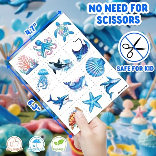 48PCS Ocean Party Favors: 24 Temporary Tattoos & 24 Stick Hands – Perfect for Birthday Supplies, Goodie Bag Stuffers, Classroom Prizes - görsel 18