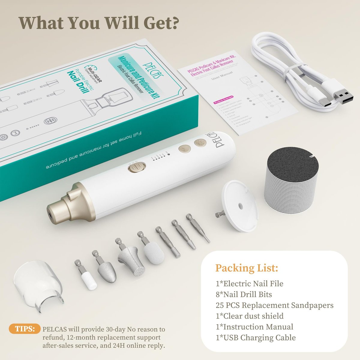 PELCAS 8-in-1 Cordless Nail Drill: Electric Nail Filer with LED Light & Foot Callus Remover - 5 Speeds, Rechargeable, Golden Avelisse