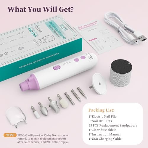 PELCAS Toenail Grinder for Thick Toenails - 8 in 1 Manicure & Pedicure Kit, Cordless Nail Drill with LED Light, Electric Foot Callus Remover, 5 Speeds, Pink Avelisse