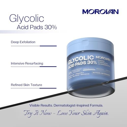 Morovan Glycolic Acid Pads 30%: Dual-Sided Face Exfoliator for Blemishes and Deep Cleaning, Clarifying Skin Tone, At-Home Peel, 65 Pads Avelisse